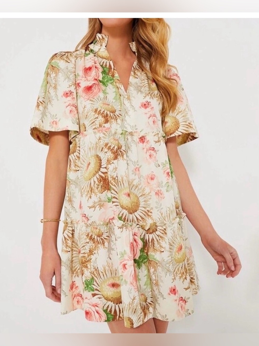 Perfect Tuckernuck Floral Print Tiered Mini Babydoll Dress Short Sleeve Ivory